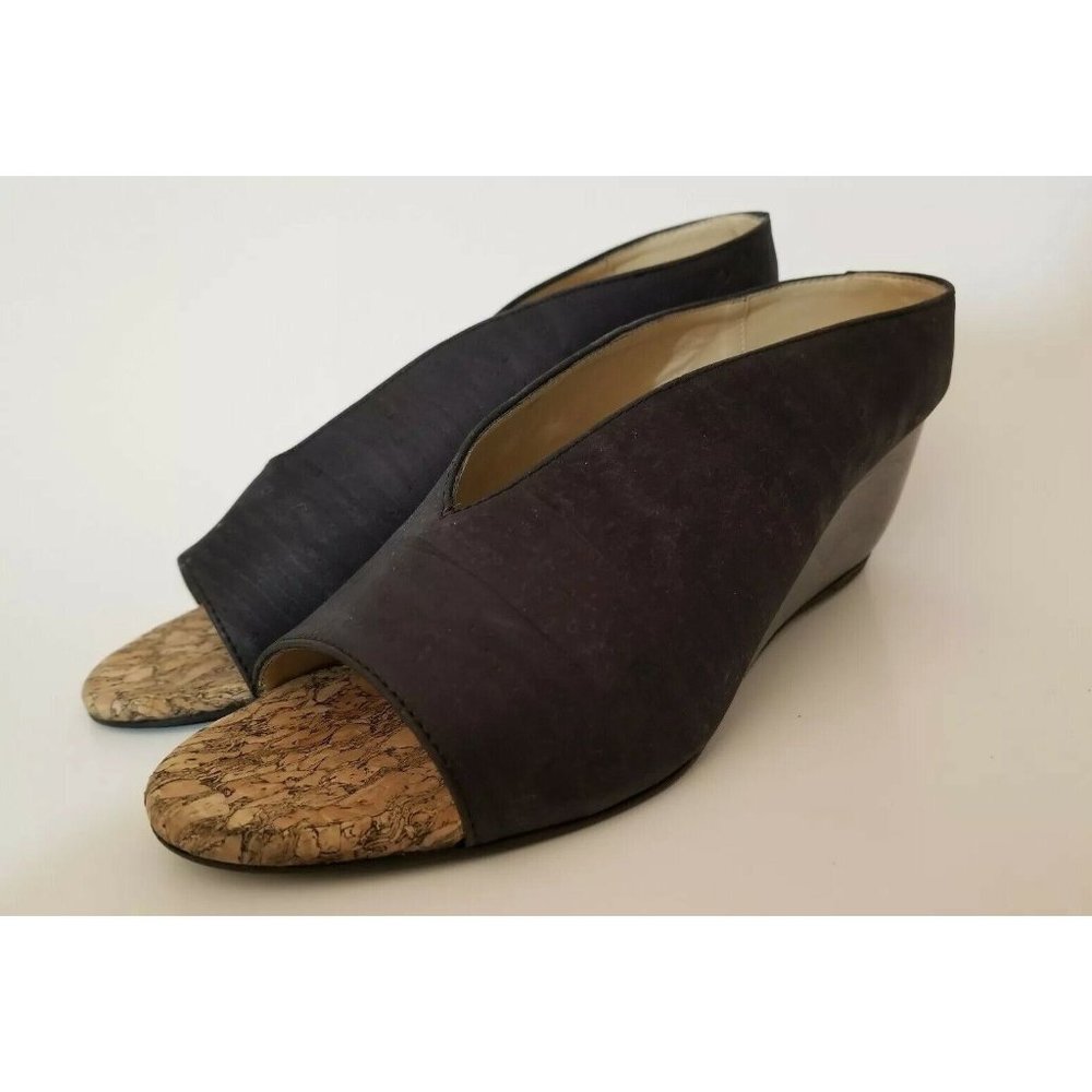 Sydney Brown Vegan Wedge Mule Peep Toe Wood Heels Black Natural Cork Size 38